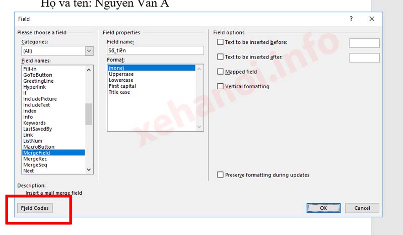 Chọn field codes trong Mail Merge