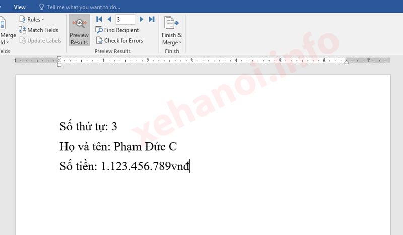 Thành quả sau khi sử dụng Mail Merge