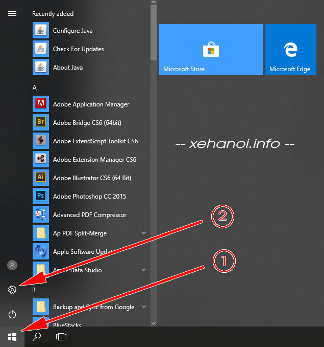 Bấm Start chọn Setting Windows 10